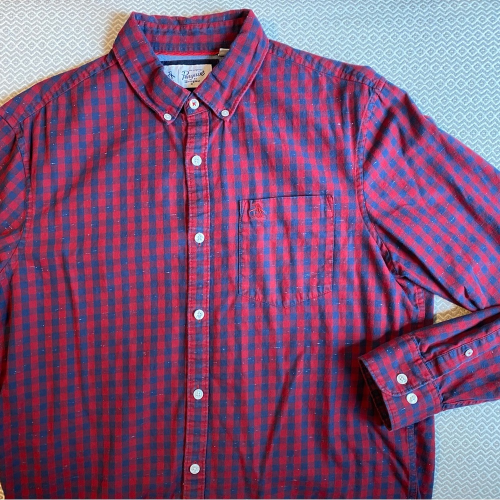 Men’s Large Original Penguin Plaid Long Sleeve Button Down, Red & Blue